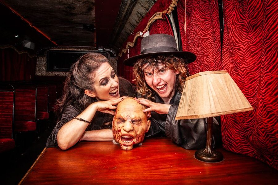 The Dublin Ghostbus Tour - Upstairs in the Victorian theatre: blood-red curtains and show pacing